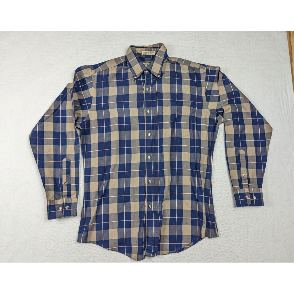 Oakton Ltd Mens  M Long Sleeve Plaid Button‎ Down Shirt Beige Blue